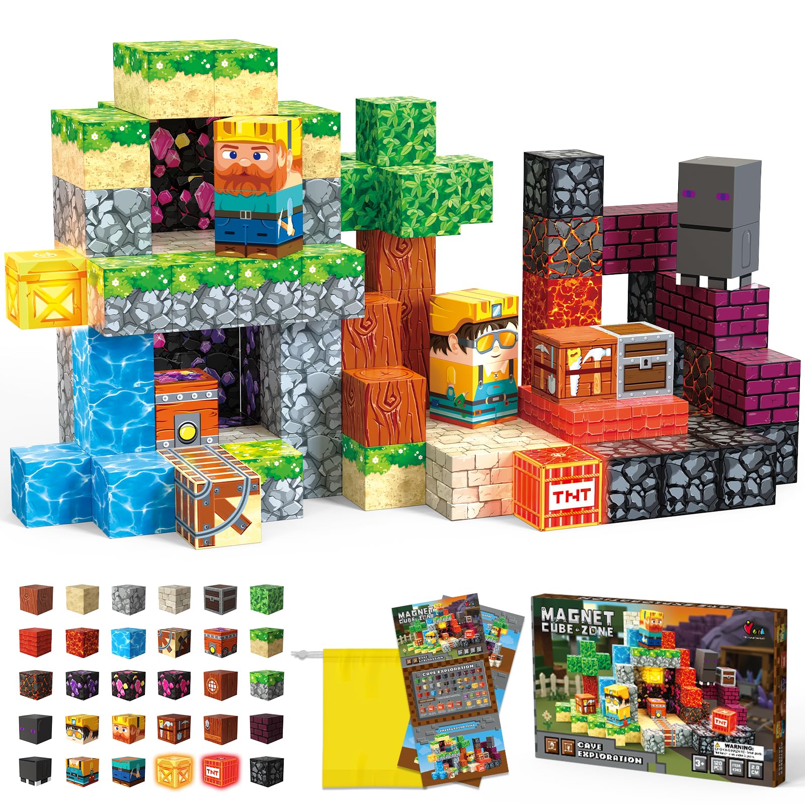ROCKY&CHAO 120 PCS Magnetic Blocks, Flashing Light Cave Exploration, Magnetic Building Blocks for Kids Boys Girls Aged 3 4 5 6 7 8 Years Old, Construction Toys STEM Sensory Toys for Toddlers Kids