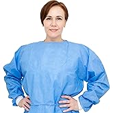 AMU Solutions Level 2 Disposable Isolation Gowns - SMS 35g, Knitted Cuffs, Fully Closed Double Tie Neck and Waist, Universal Fit, Latex-Free, Blue (10)