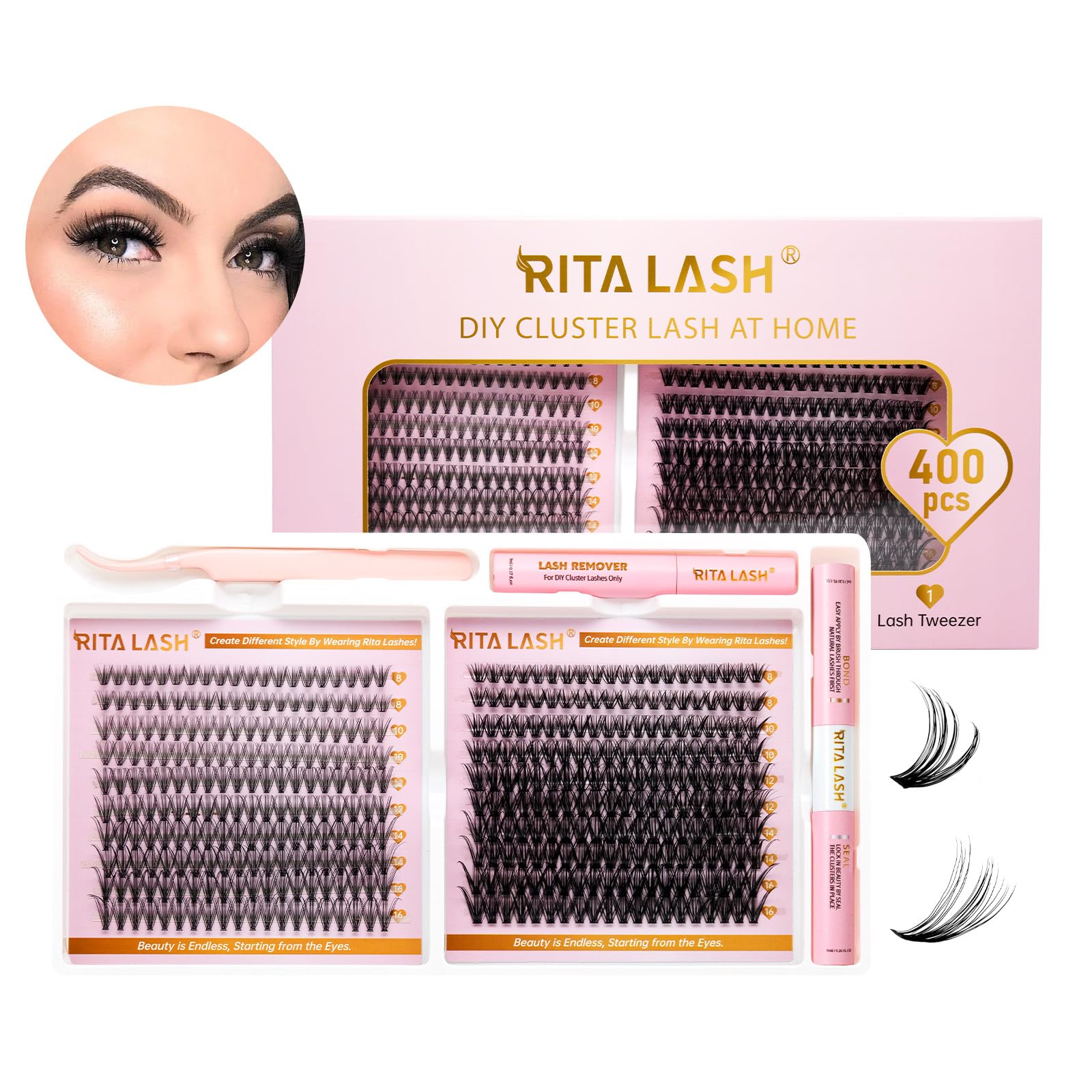 RITALASH Lash Extension Kit 400Pcs,DIY Individual Lashes Clusters Kit,Lash Bond And Seal,Lash Remover For Eyelashes Extensions (20D+40D Cluster Kit) — image 1