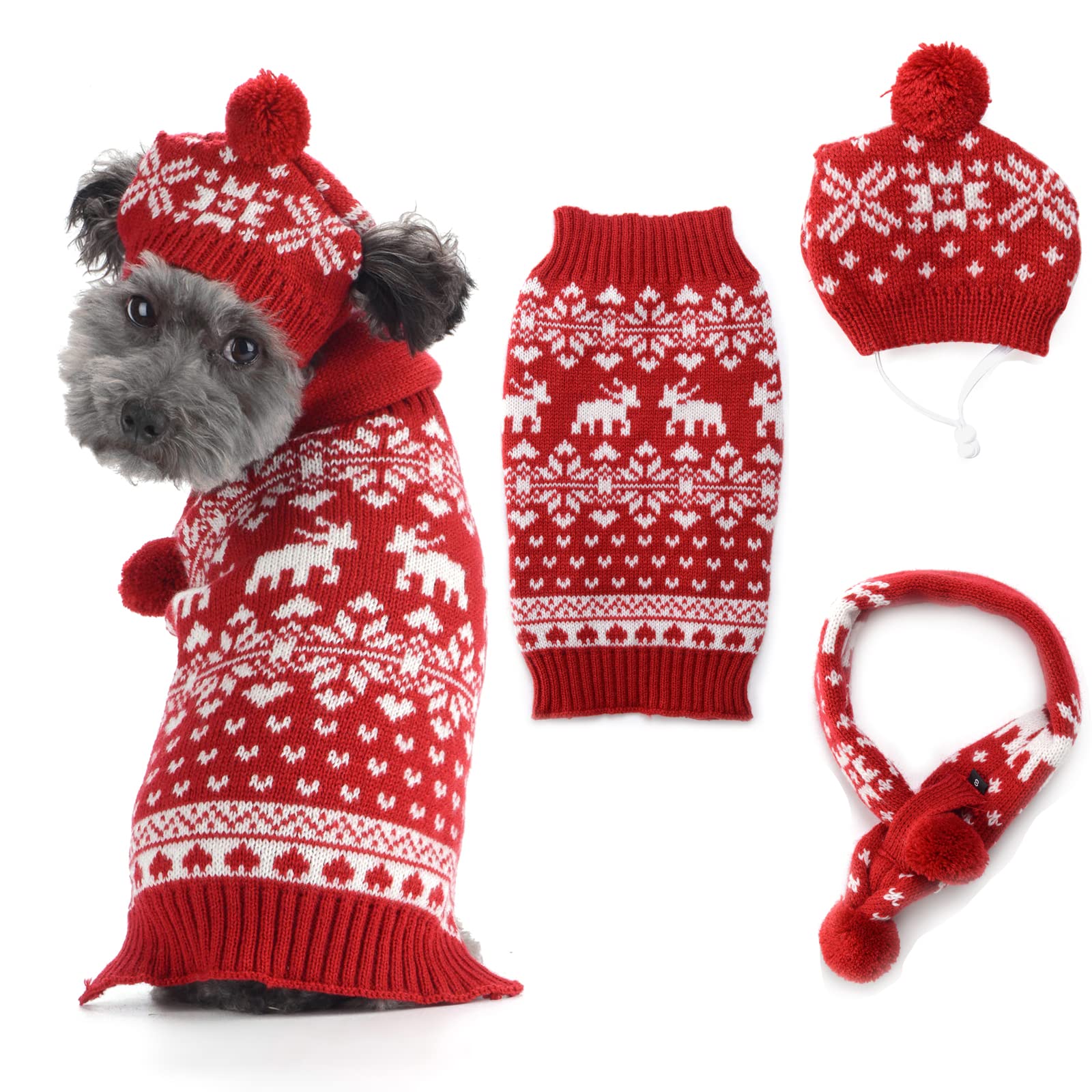 SKXEO Christmas Pet Dog Costumes Hat Scarf Sweater Set Puppy Cat Xmas Reindeer Knit Snowflake Winter Warm Clothes For Small Medium Dogs Cats