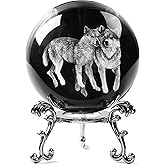 JFTOSALE 60mm 3D Laser Wolf Crystal Ball Paperweight Glass Decorative Balls Wolves Sphere Figurines with Stand Wolf Gifts for Wolf Lovers, Clear