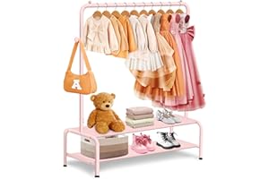 mirolam Kids Clothing Rack - Dress Up Storage - Dress Up Rack for Little Girls - Small Kids Costume Wardrobe with 2 Fabric Shelves - Princess Room Bedroom Decor