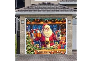 BlissfulTie Upgraded Magnetic Christmas Garage Door Cover 7x8 Ft, Garage Door Christmas Cover with Santa Claus Design, Garage Door Banner Christmas Decorations (Magnets*4 Included)