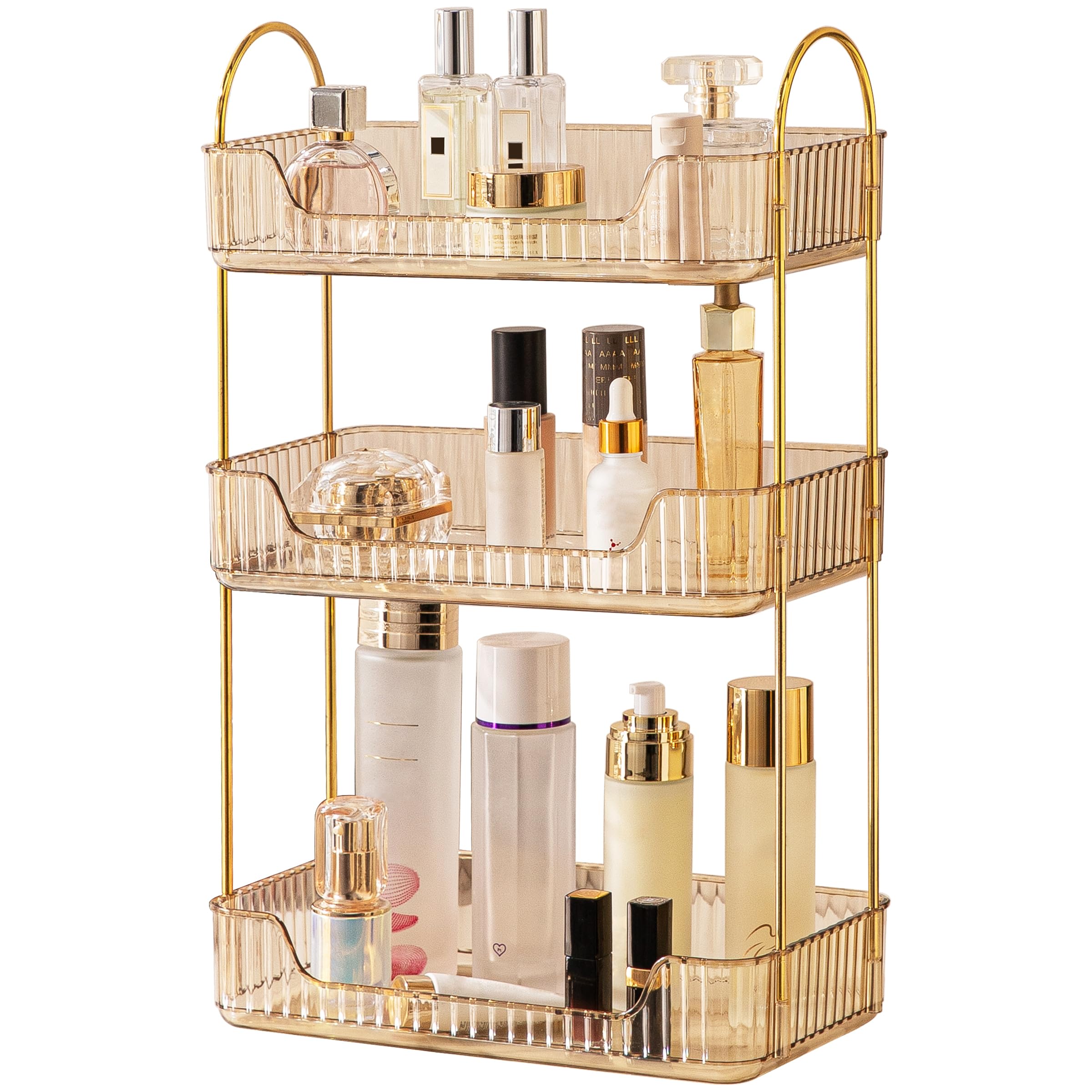 LEIKOSUP Makeup Organiser, Cosmetic Organiser, 3 Layers, Beauty Organiser, Skincare Organiser, Bathroom Organiser for Nail Polish, Body Wash, Skin Care, Amber