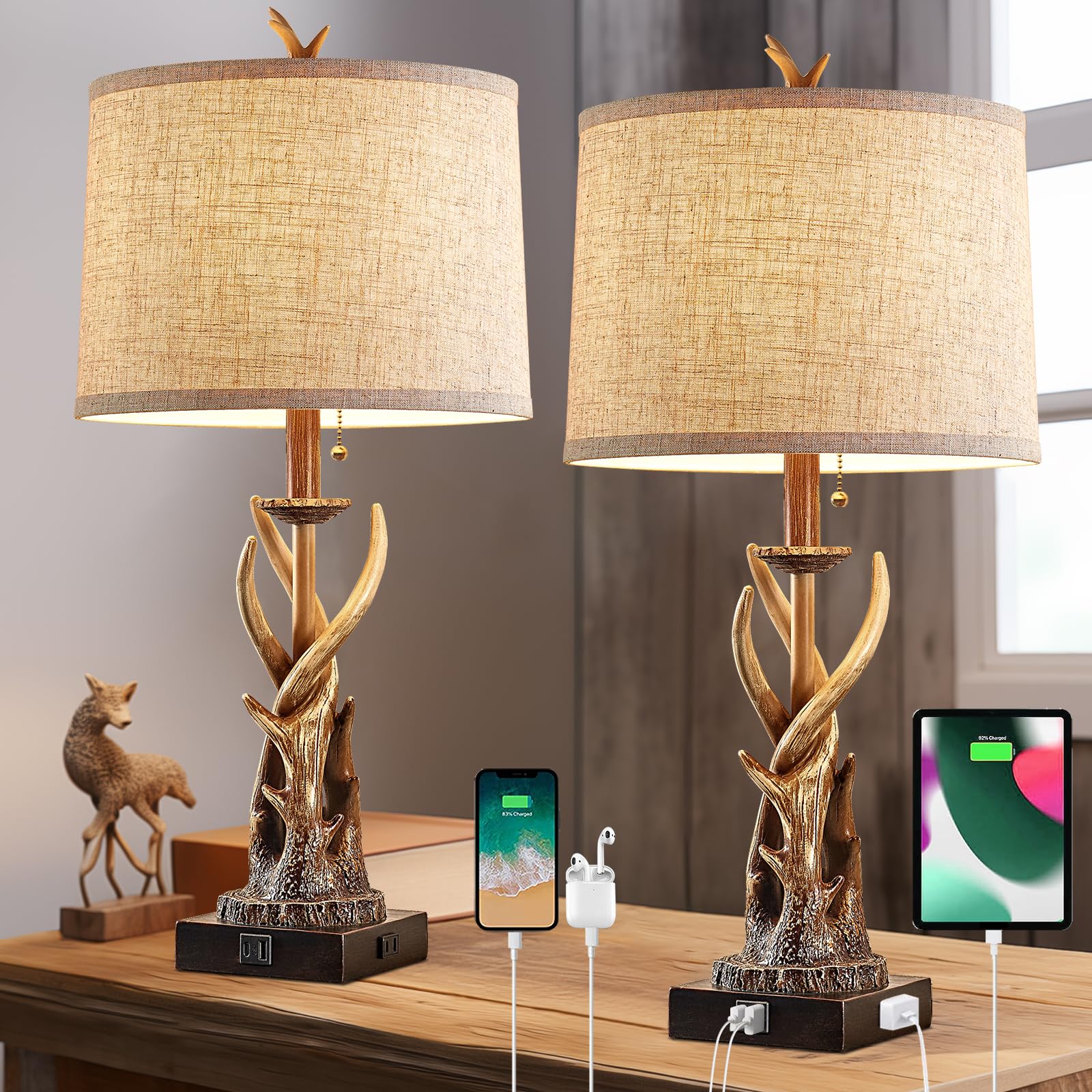 Photo 1 of BOWOBO Rustic Deer Antler Table Lamps Set of 2 for Bedroom Farmhouse Bedside Lamps with USB A+C Ports for Living Room End Table Hunting Themed Cabin Lamp Pull Chain Linen, Bulbs Not Included