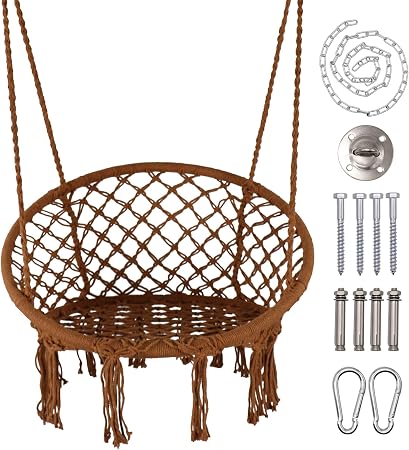 Amazon Com Lazzo Hammock Chair Hanging Knitted Mesh Cotton Rope Macrame Swing With Hanging Kit And Chain Max 260lbs For Bedroom Outdoors Garden Patio Yard Child Girl Adult Brown Garden Outdoor