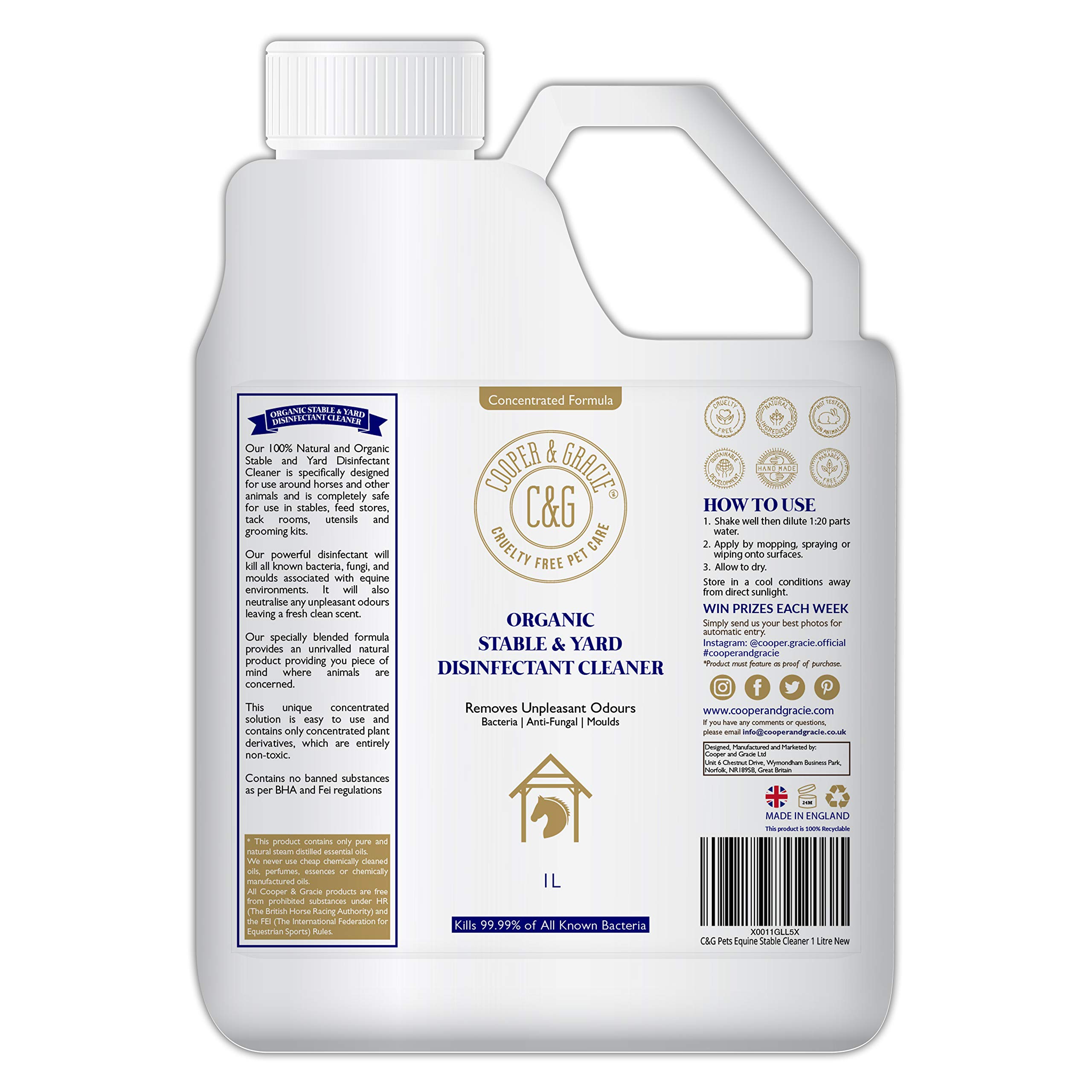 C&G Pets | ORGANIC STABLE & YARD CLEANER 1 LITRE | PLANT DERIVATIVES SAFE AROUND EQUINE | REMOVES UNPLEASANT ODOUR | INSTANT ACTION AGAINST BACTERIA FUNGI AND MOULD