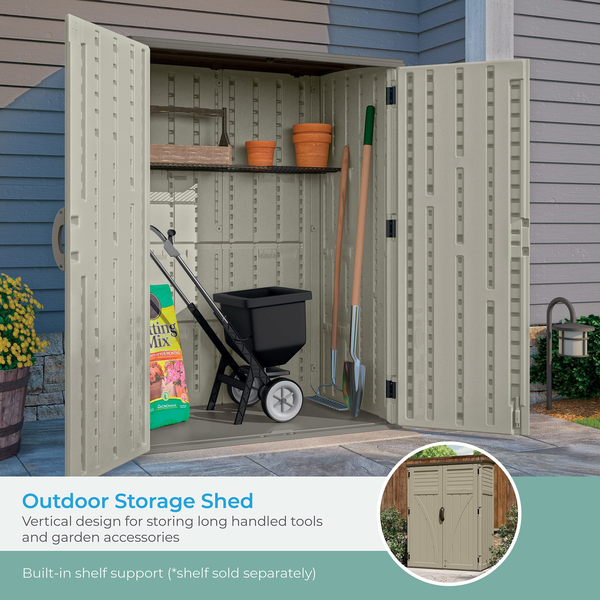 Suncast 54 Cubic Feet Vertical Storage Shed With Durable Plastic