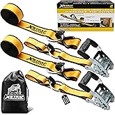 XSTRAP STANDARD 2 Pack 1.5'' x 16' Ratchet Tie Down Straps - 1,100 lb Safe Working Load, 3,300 lb Break Strength, Heavy Duty Double J-Hook Cargo Straps Ergonomic Padded Handle for Truck, Trailers