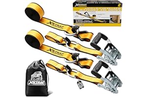 XSTRAP STANDARD 2 Pack 1.5'' x 16' Ratchet Tie Down Straps - 1,100 lb Safe Working Load, 3,300 lb Break Strength, Heavy Duty Double J-Hook Cargo Straps Ergonomic Padded Handle for Truck, Trailers