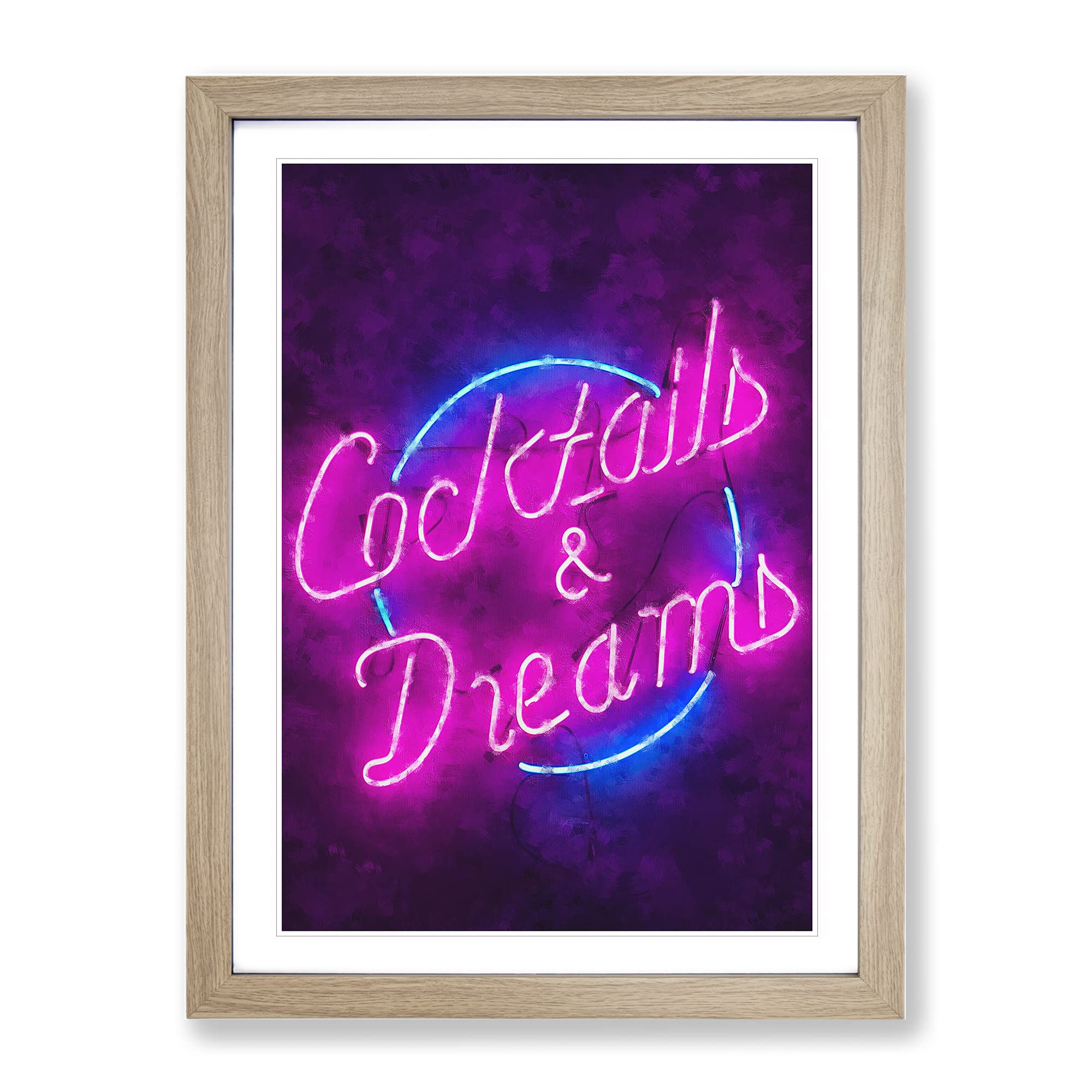 Cocktails And Dreams Sign Painting Modern Framed Wall Art Print, Ready to Hang Picture for Living Room Bedroom Home Office Décor, Oak A3 (34 x 46 cm)