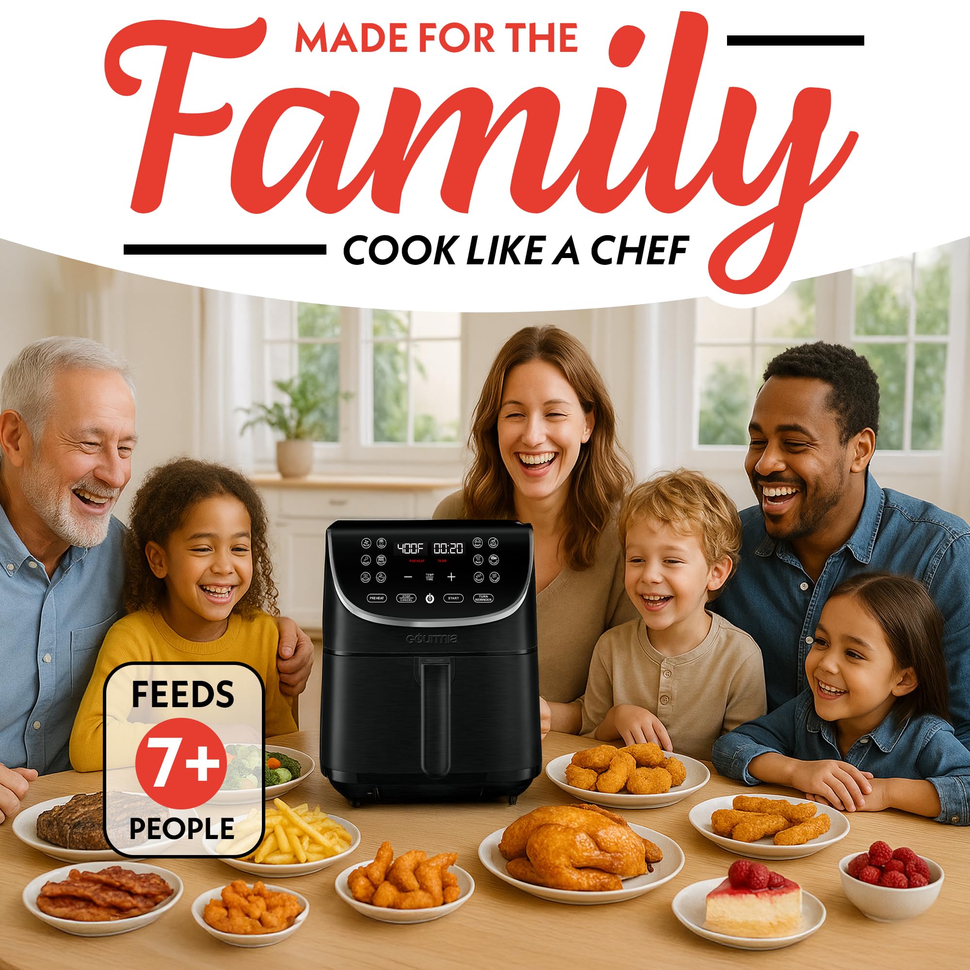 Gourmia Air Fryer Oven Pantalla digital 7 cuartos de galón AirFryer grande 12 ajustes preestablecidos de cocción táctil, cesta de freidora de aire XL 1700w de potencia Multifunción GAF716 Detalles en negro y acero inoxidable FRY FORCE 360°