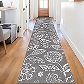 2x10 Washable Runner Rug with Non Slip Backing, Absorbent & Dirt-Trapping, Gray and White High-Low Textured Floral Hallway Carpet for Kitchens, Laundry Rooms, Bathrooms, Entryways