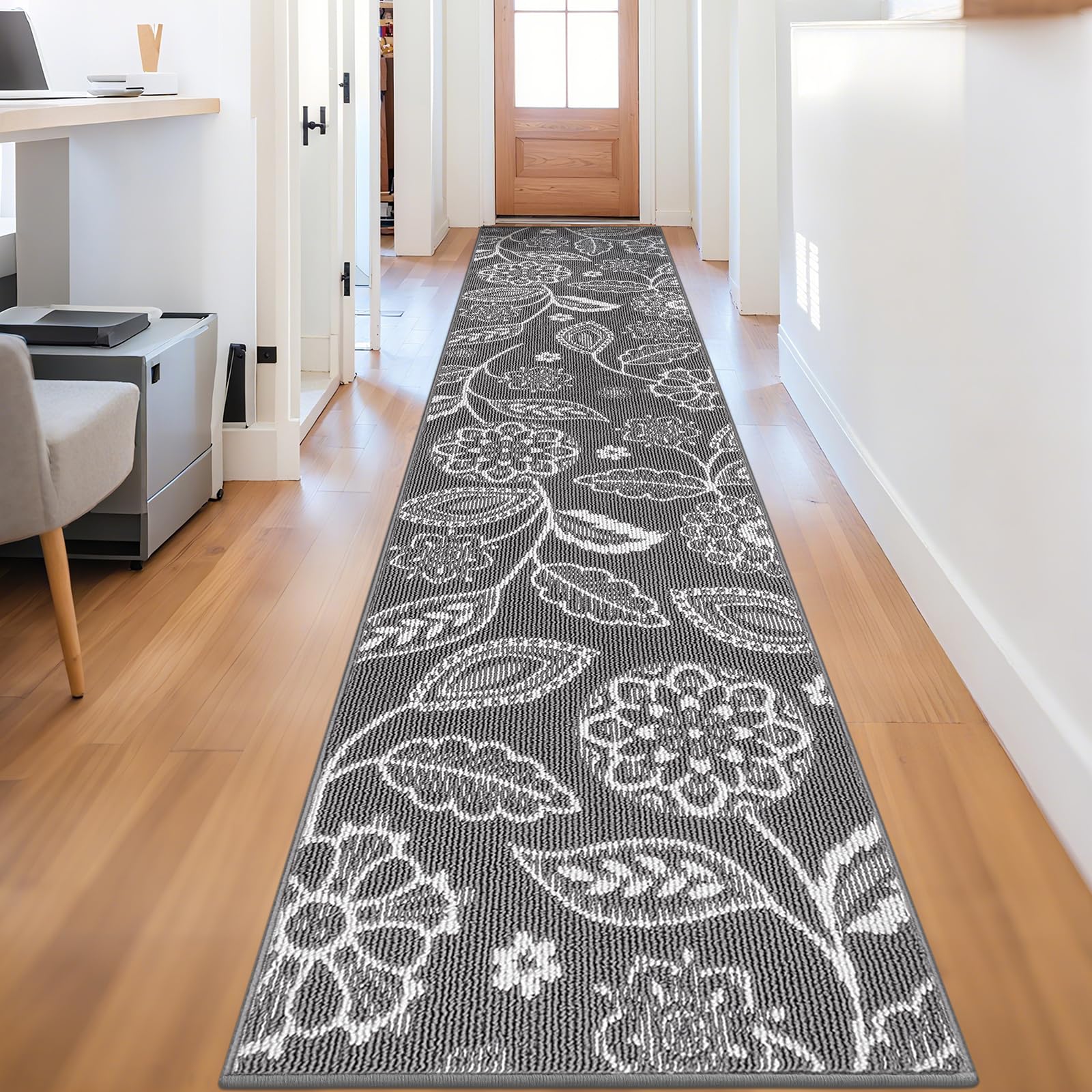 Photo 1 of 2x10 Washable Runner Rug with Non Slip Backing, Absorbent & Dirt-Trapping, Gray and White High-Low Textured Floral Hallway Carpet for Kitchens, Laundry Rooms, Bathrooms, Entryways