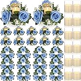 Yunlly 12 Pcs Valentine Candle Rings Wreaths 3 Inch Wedding Centerpiece LED Flameless Candles Rose Eucalyptus Rings for Tables Party Centerpiece Valentines Mother's Day Decoration (Blue)