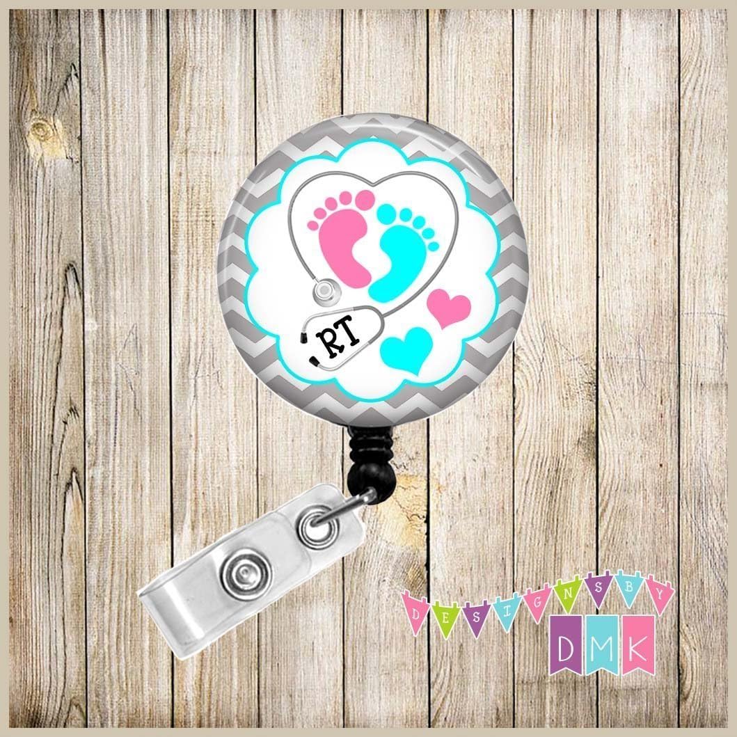 RT Baby Feet Stethoscope on Grey Chevron - Button Badge Reel