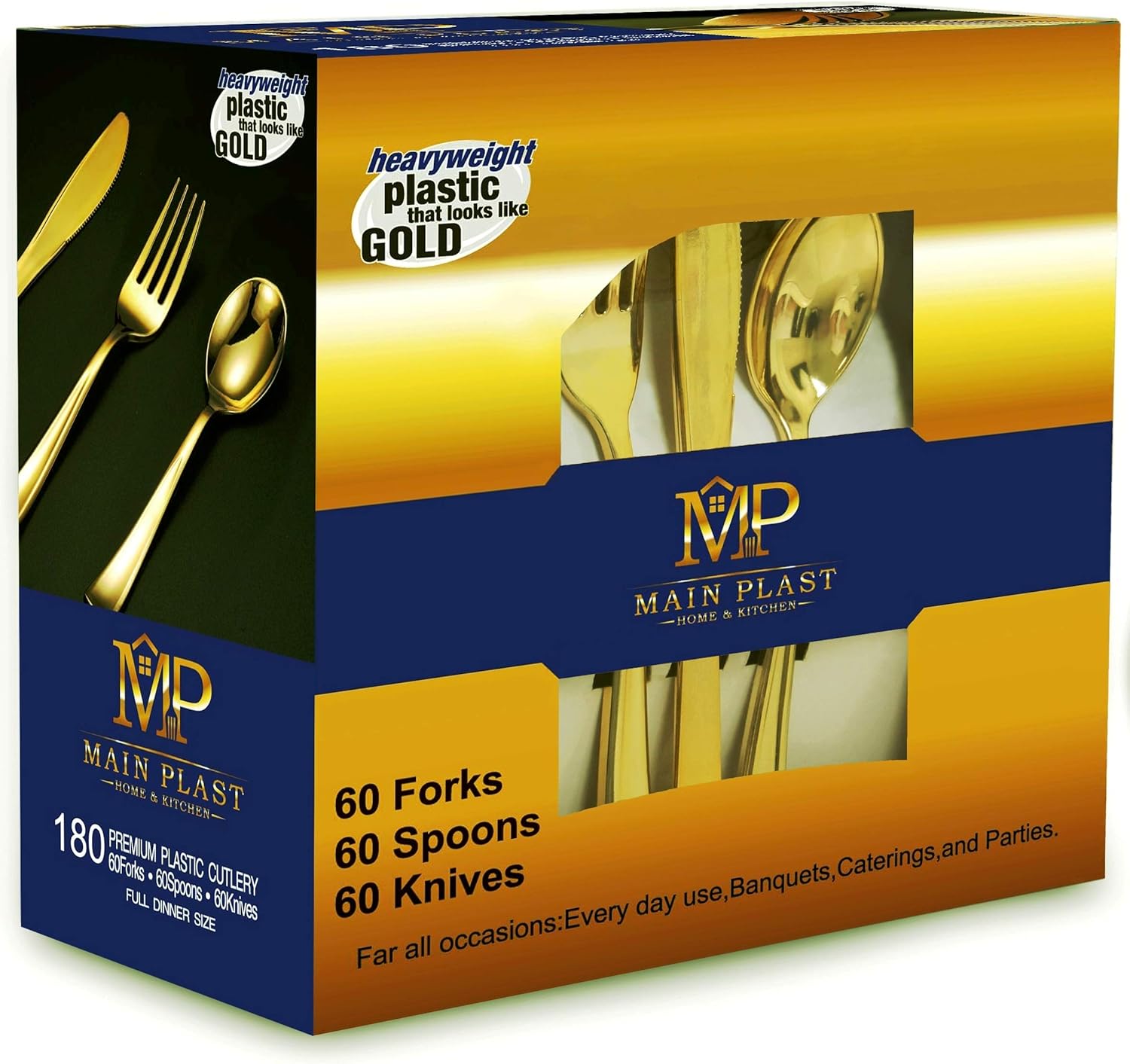 MAINPLAST Gold Disposable Cutlery Set 180 Pieces Knives