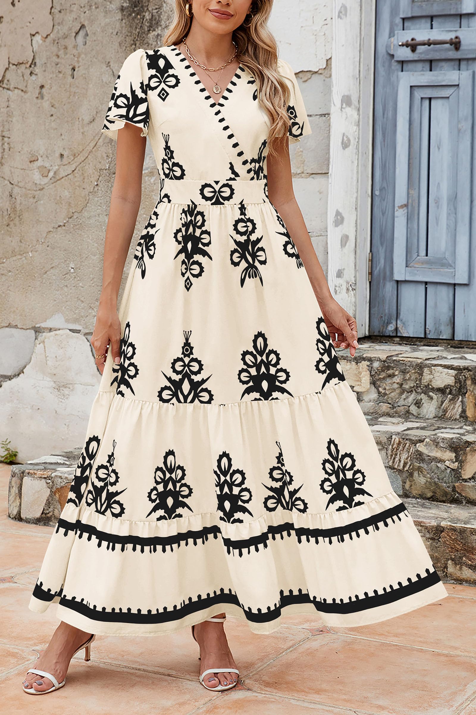 PRETTYGARDEN Womens Summer Casual V Neck Boho Maxi Dress Flowy Aline Bell Sleeve Tiered Floral Dresses with Pocket (Floral Apricot Black,X-Large) - Image 7