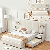 Queen Size Bed Frame with Storage &amp; Built-in Nightstands &amp; Drawers, Beige | Velvet Upholstered Platform Bed Frame &amp; 3 Floating Storage Shelves, Noise-Free, No Box Spring Needed, Easy Assembly