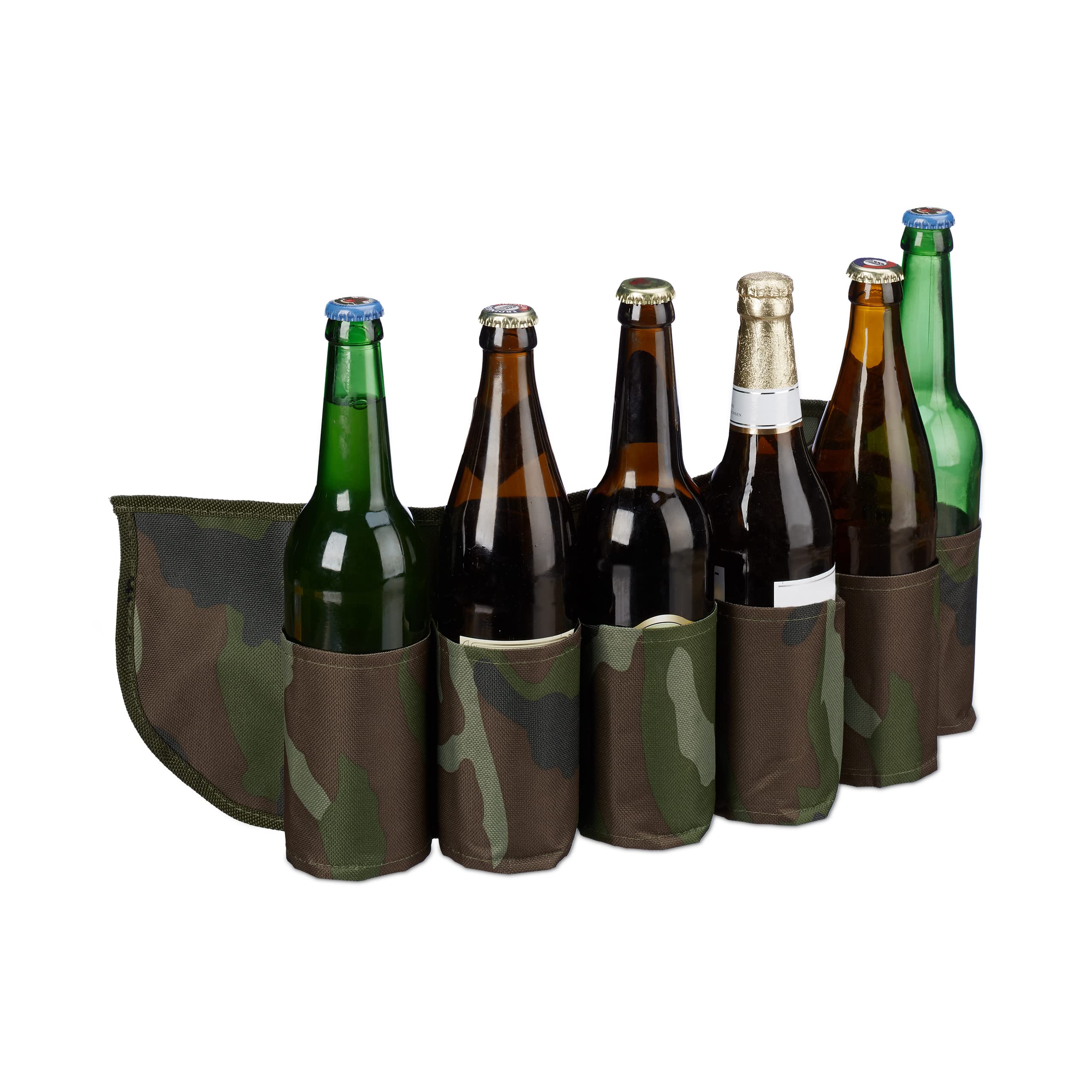 Relaxdays Beer Belt Sixpack, For 6 Cans Or Bottles, 0.2-0.5 L, Beer Holding Camouflage Belt, Adjustable, Green/Brown