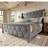 OHOHOLIVE King Size Bed Frame with 56" Headboard - Velvet Upholstered Wingback Platform Bed Frame, Noise Free, Sturdy Wooden Slat Support (Deep Gray, King)