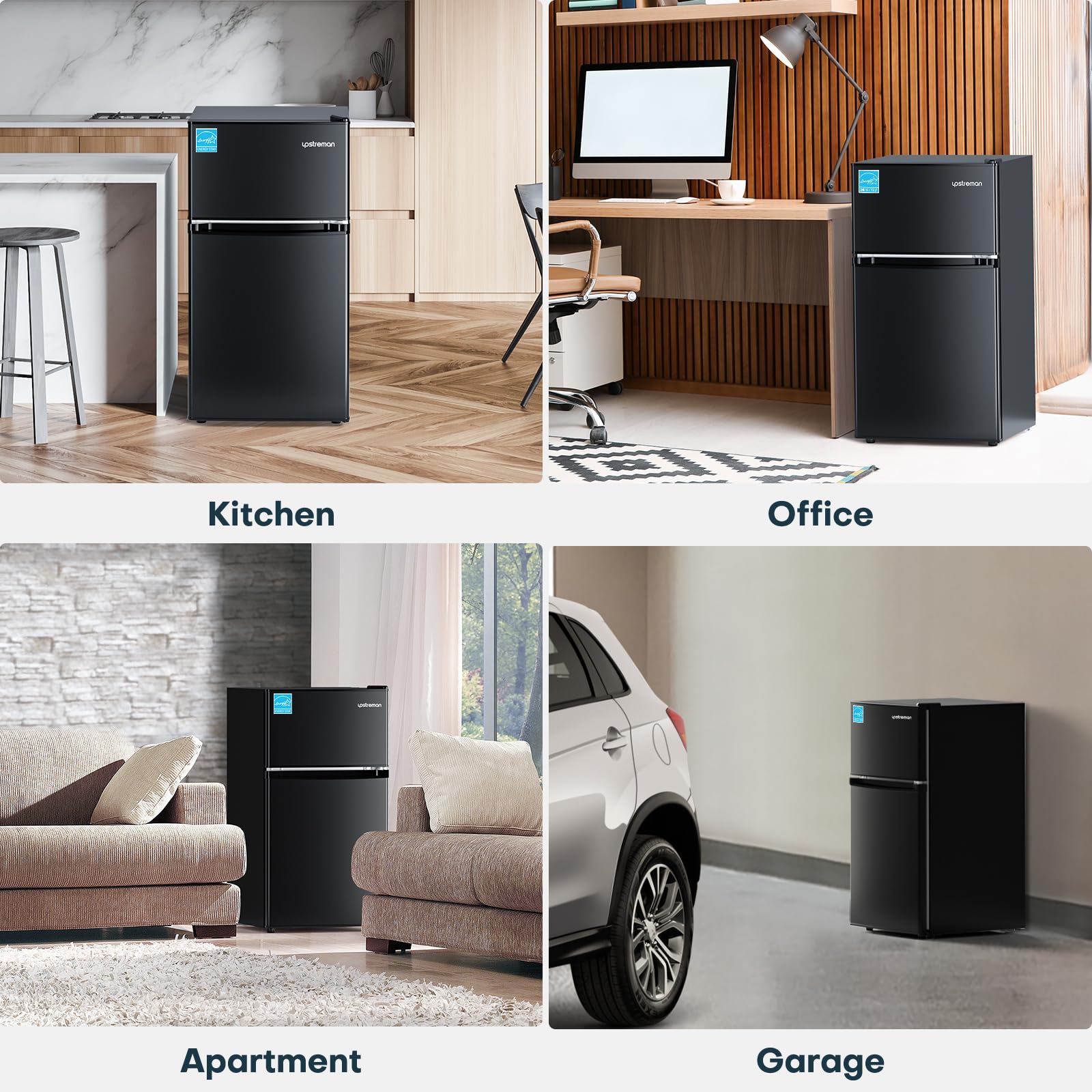 Upstreman 3.1 Cu.Ft Mini Fridge with Freezer, Double Door Small Fridge, Dorm Essentials, Adjustable Thermostat, Energy Saving, Mini Refrigerator for Office, Dorm, Bedroom, Black