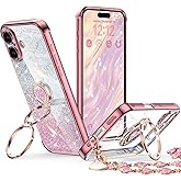 XYZ for iPhone 17 Case with Stand, Phone Case with Double Ring Kickstand, Women Girls Bling Luxury Glitter Clear Phone Case Cover Heart for Apple 17, Rose Gold