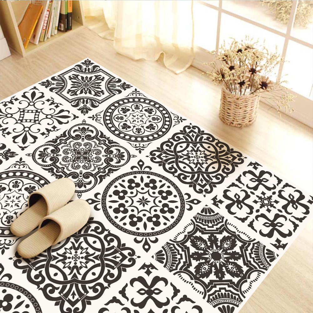 Vinyl Floor Wall Tiles Floor Sticker, Waterproof Non-Slip Splashback Tiles Decal for Kitchen Bathroom, Self-Adhesive Peel and Stick PVC Wall Sticker DIY Home Decor (White and Black, 50x50cmx4pcs)