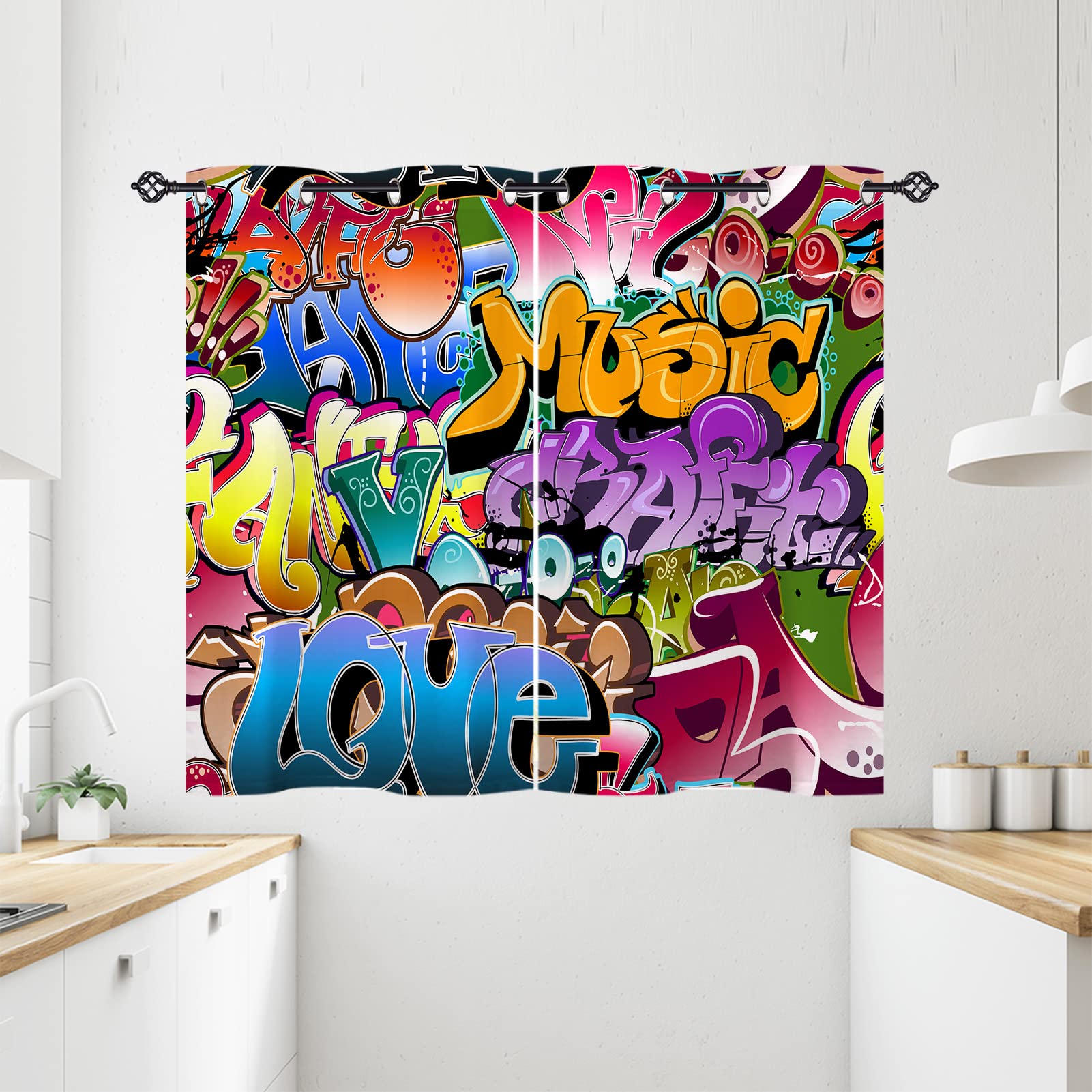 ANHOPE Graffiti Curtains Eyelet 80% Blackout Room Darkening Curtains Hip Hop Hippie Doodle Print Pattern Light Blocking Window Drapes for Kids Boys Girls Bedroom Living Room 28 x 54 Inch Drop 2 Panels