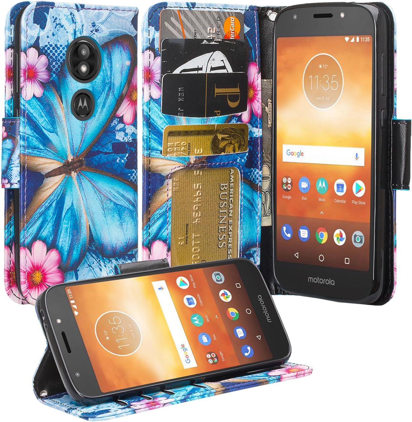 [GW USA] Leather Wallet Case Compatible for Moto E5 Play Case, Moto E5 Cruise case [Kickstand/Wrist Strap] Cute Girl Women ID Card Slot Phone Case For Moto E5 Play XT1921 2018 - Blue Butterfly