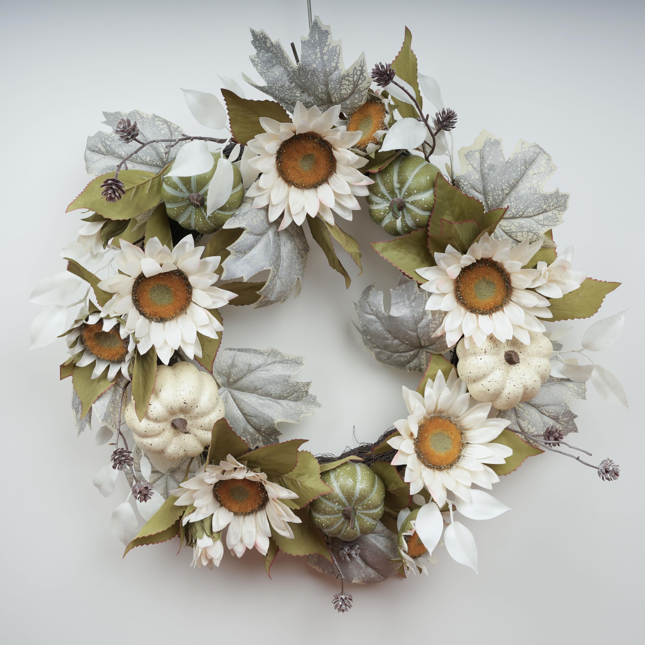 Photo 1 of 20-Inch Fall Wreath for Front Door, Decorative Wreath with White and Green Pumpkins, Sunflowers, and Greenery, Perfect for Autumn Decor, Thanksgiving, and Indoor/Outdoor Use