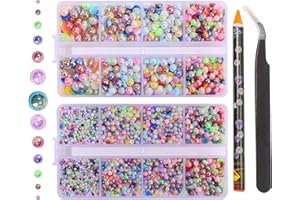 QPRETTY DU 6540PCS Mix Color Resin Flat Back Pearls Rhinestones,Mixed Size 2/3/4/5/6/8/10mm Half Round Pearl Beads Nail Gems Rhinestone with Tweezers and Picker Pencil for Crafts Nail DIY Decoration
