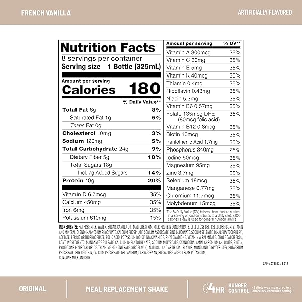SLIMFAST MEAL REPLACEMENT SHAKE, ORIGINAL FRENCH VANILLA, 10G OF READY TO DRINK PROTEIN FOR WEIGHT LOSS, 11 FL. OZ BOTTLE, 8 COUNT