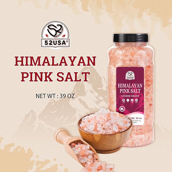 52USA HIMALAYAN PINK SALT, COARSE GRAIN, 39 OZ (2.4 LB), PINK HIMALAYAN SEA SALT, KOSHER SALT, SEA SALT FOR GRINDER REFILL, HIMALAYAN SALT
