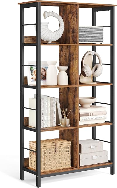 VASAGLE 8-Compartment Open Bookcase 80x33x149 cm Rustic Brown Black LLS105B01