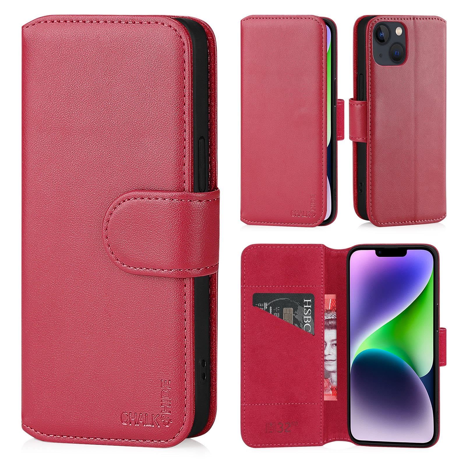 CHALK & HIDE Genuine Leather Wallet Case for iPhone 14 Plus (6.7") | RFID Blocking Card Slots, Magnetic Flip Cover, Kickstand | Premium Book-Style Protective Case - Rose Pink
