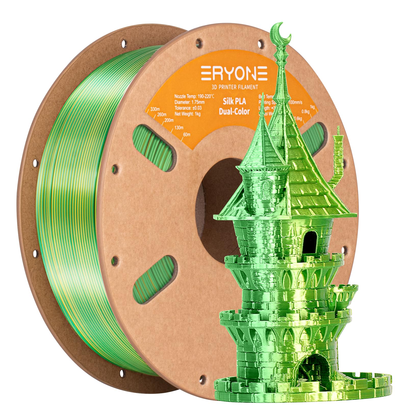 Eryone Silk Dual-Color PLA Filament 1.75mm, 3D Printer Filament PLA, Dimensional Accuracy +/- 0.03mm, 1KG Spool, Silk Yellow&Green