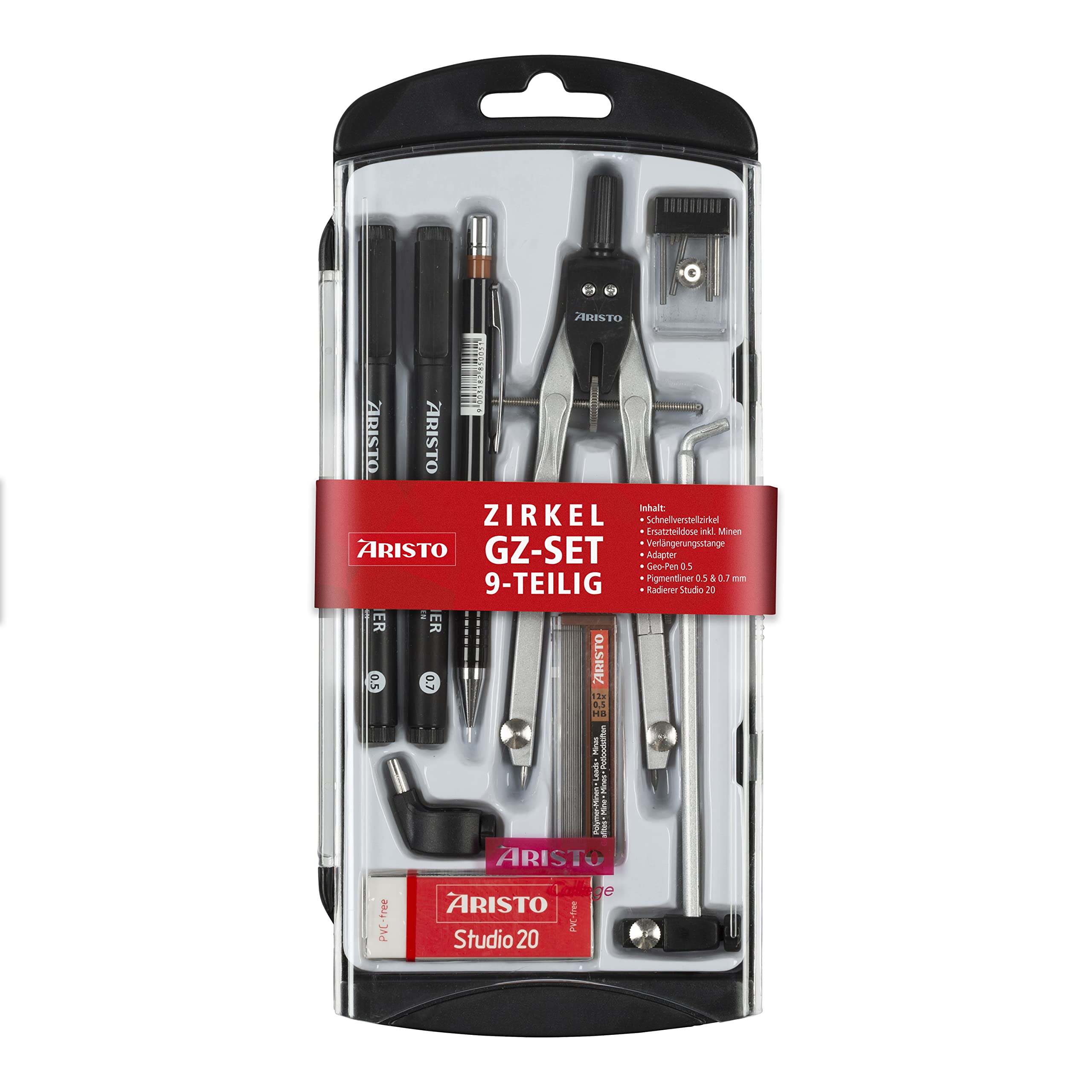 { language_tag:en_GB, value:"Aristo School Compass Set (9-Piece Compass Set with Accessories, 2 Pigment Liners and 1 Fine Lead Pen in Case) Black/Silver" }