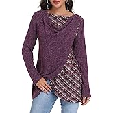 Miusey Women's Cowl Neck Tunic Sweater Long Sleeve Knit Pullover with Plaid Patchwork for Fall Winter Casual & Christmas Wear