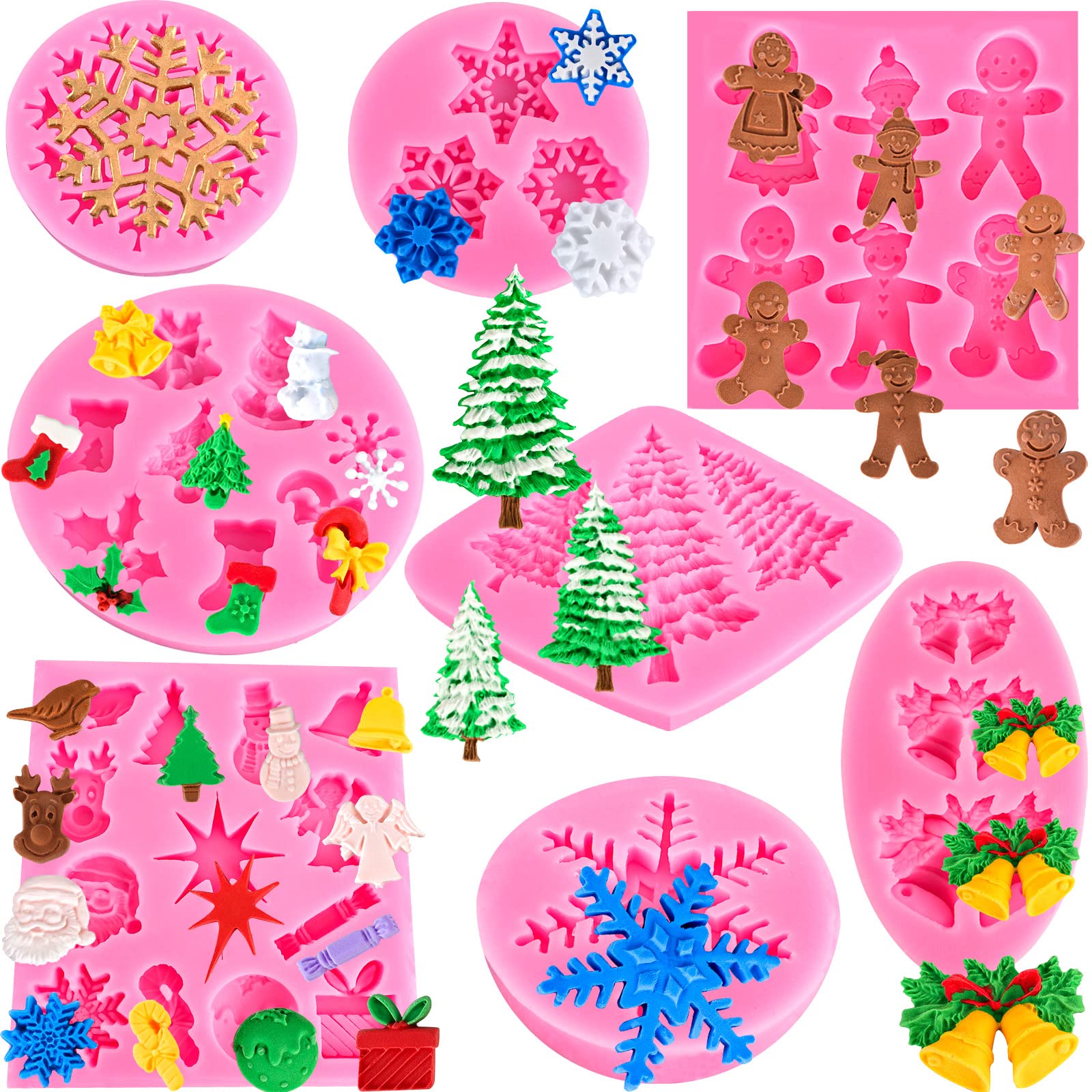 Photo 1 of Christmas Silicone Molds Snowflake Molds Mini Xmas Fondant Chocolate Candy Cake Molds Christmas Snowman Tree Snowflake Holly Leaves Santa Claus Baking Molds for Xmas New Year Party Cake Decor