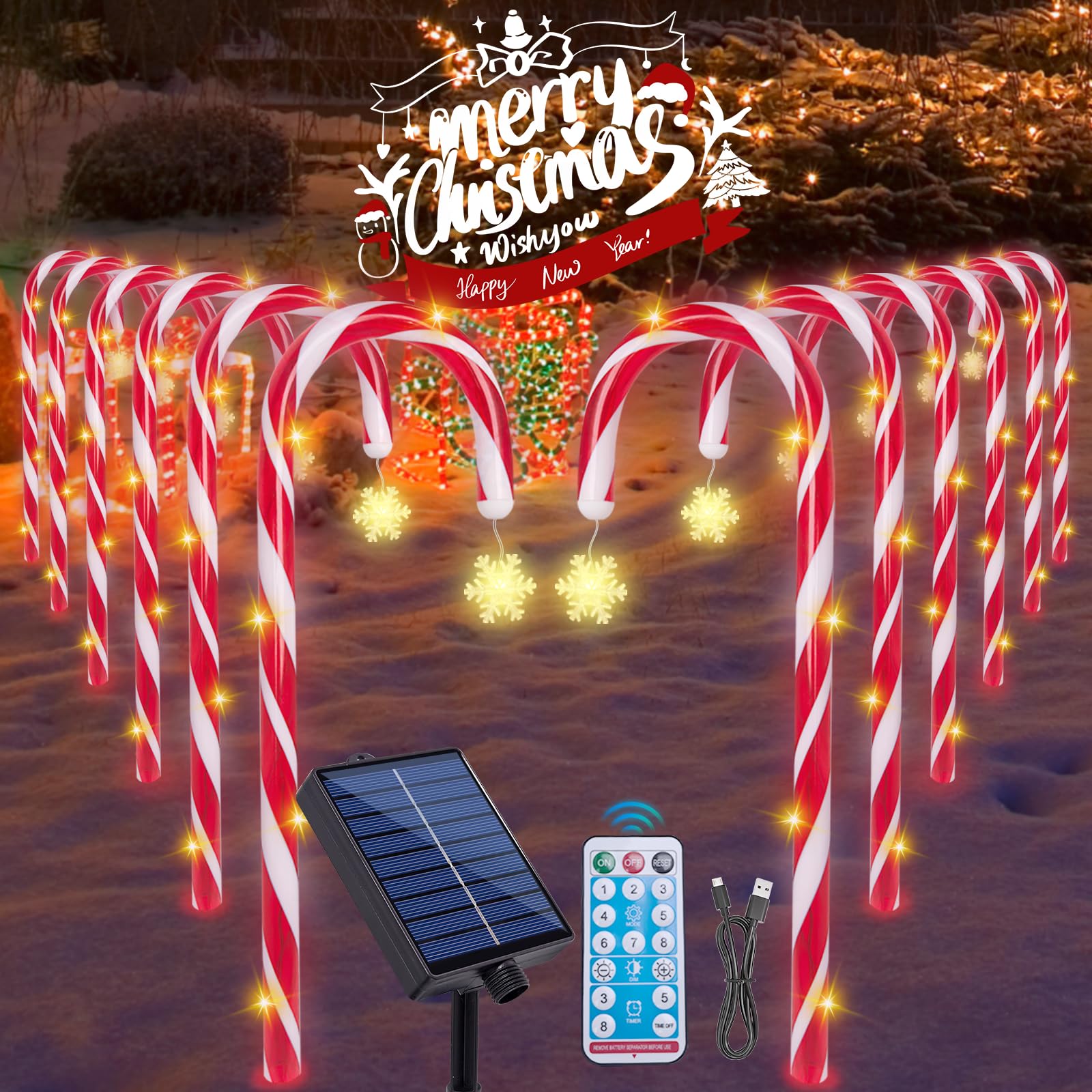 View 1 of Candy Cane Lights Christmas Decorations, 12 Pack Solar Candy Cane Pathway Lights with 8 Modes and Timer, 72 LED Bright 1200mah Battery, Waterproof Christmas Candy Cane Solar Lights for Outside  DAMAGED PKG
