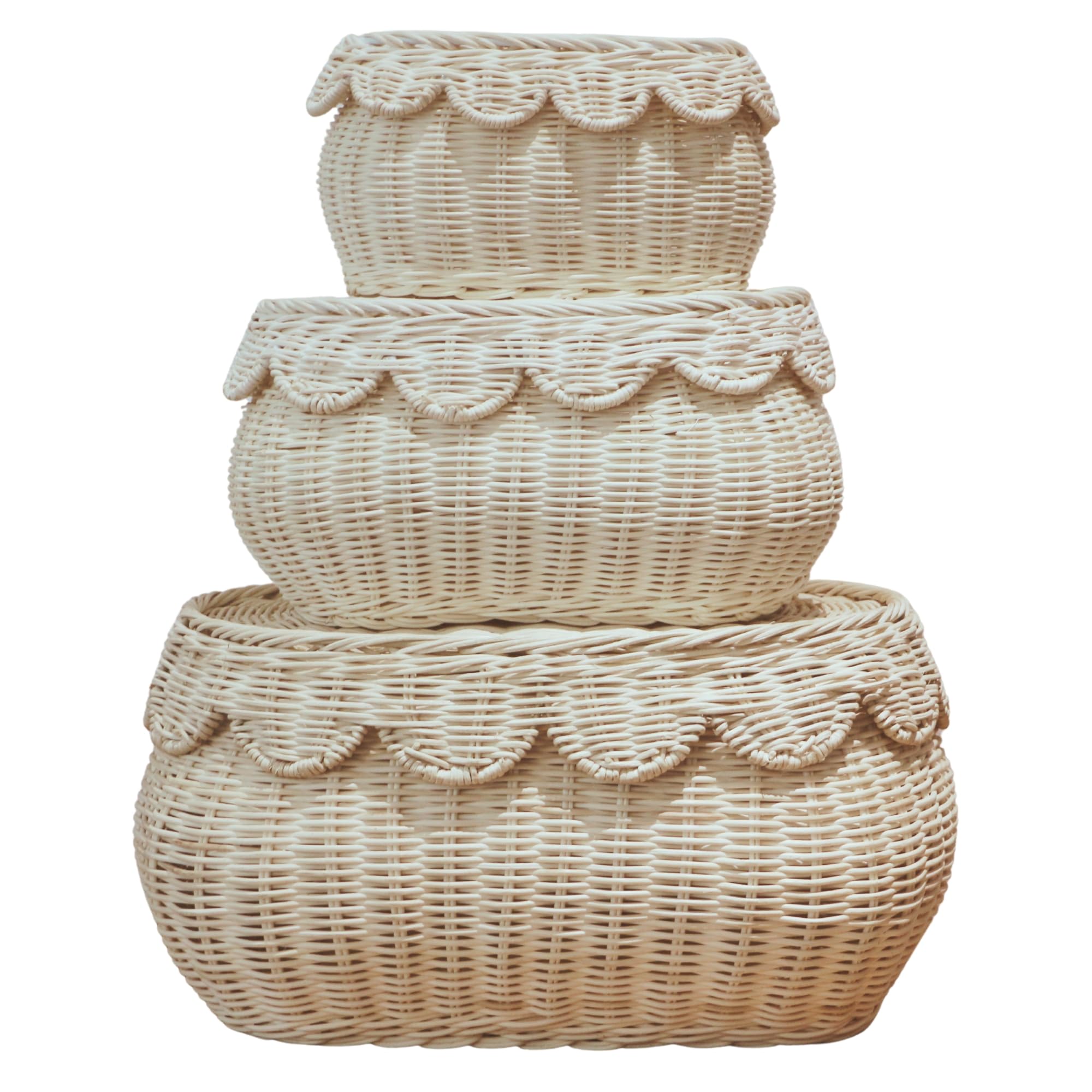 Photo 1 of ChumDecor Scalloped Basket Set of 3 – Woven Seagrass Storage Baskets with Lids – Decorative Natural Bins Baskets for Organizing, Boho Home, Shelves, Bathroom Decor