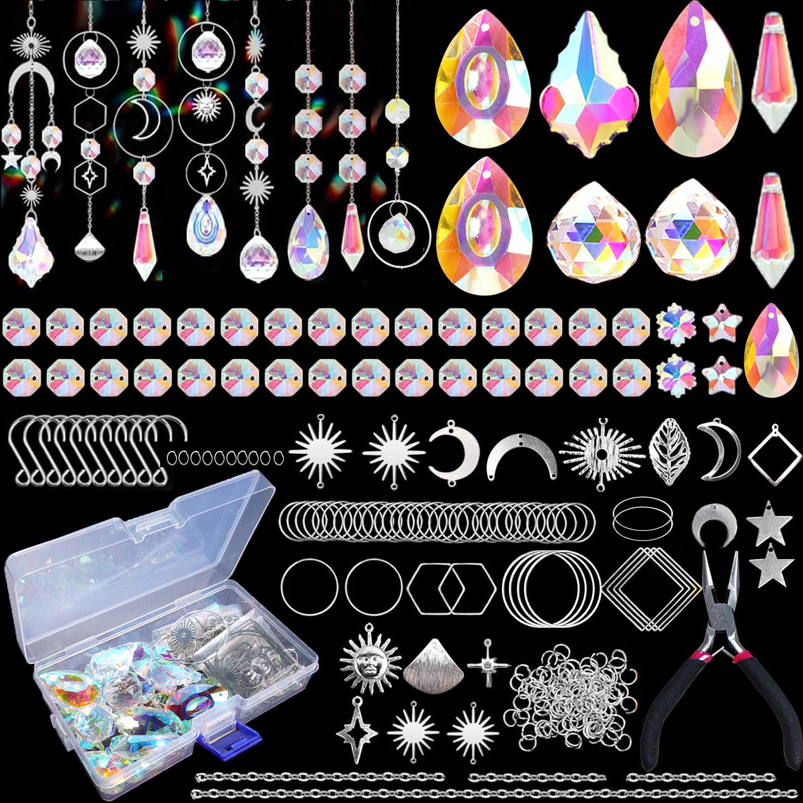 Luzoybo 240PCS DIY Sun Catchers Making Kits for Adults, Crystal Suncatchers Kit with Colourful Prism Pearl Rainbow Maker for Windows, Hanging, Indoor, Outdoor, Garden Decor (Silver)