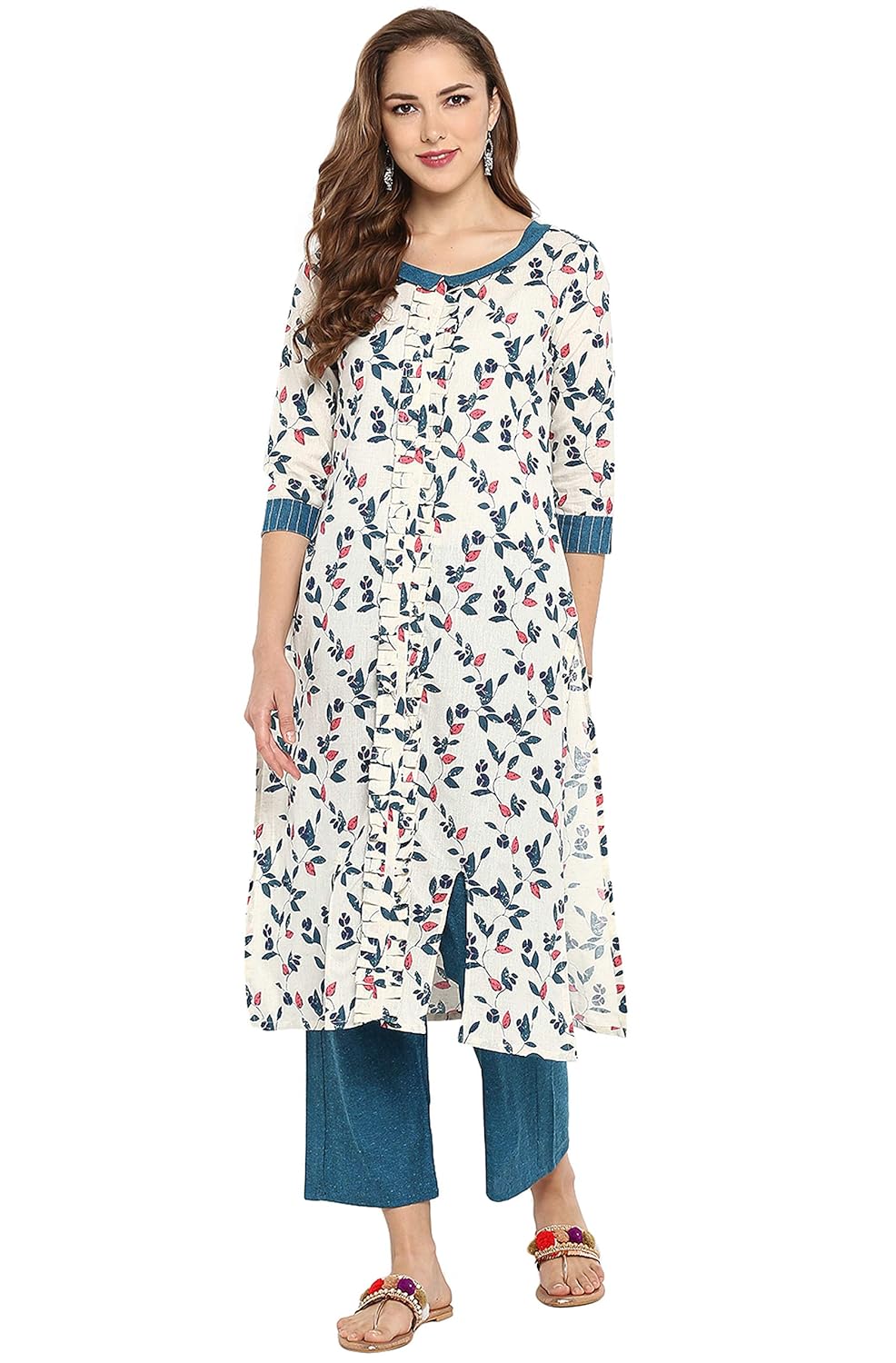 janasya women's cotton floral print straight kurta with straight pant
