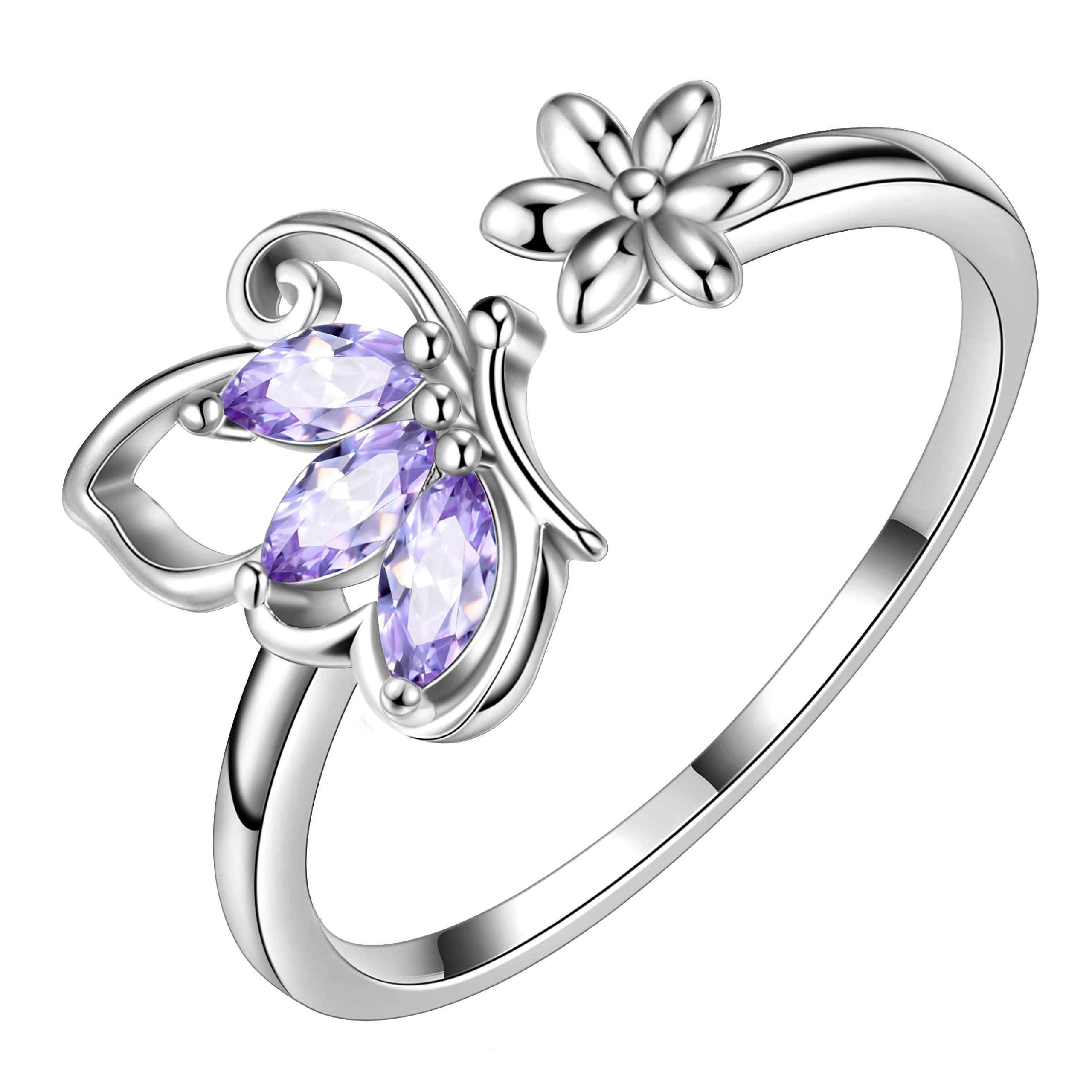 Aurora Tears Butterfly Adjustable Rings 925 Sterling Sliver December Birthstone Purple Turquoise Opening Ring Animals Jewelry Gift for Women and Girls DP0077D