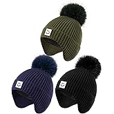 Alepo 3 Pack Baby Winter Hats with Earflaps, 2 Size Kids Pompom Beanie for Toddler Children, Smiley Face Hat for Girls Boys