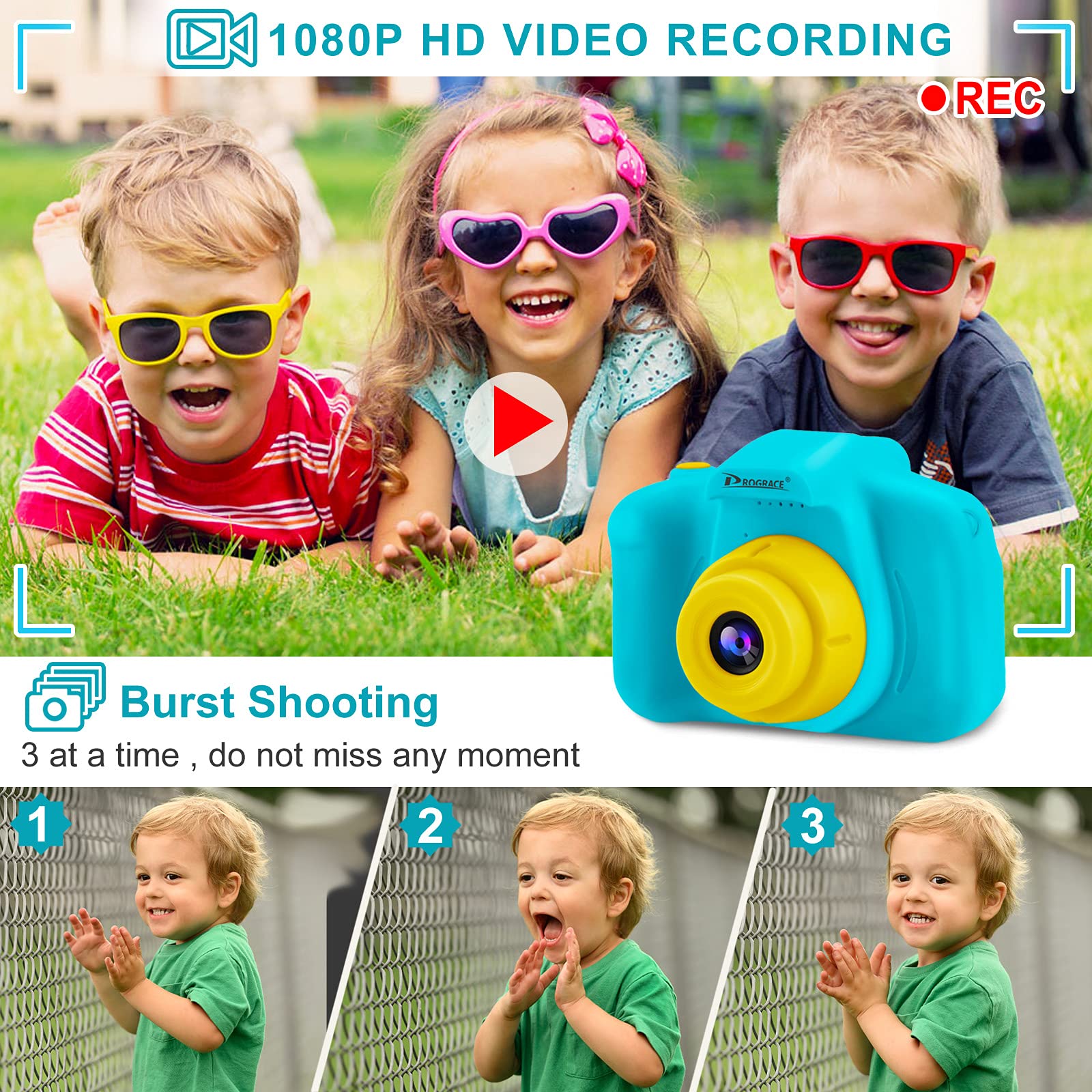 PROGRACE Kids Camera Boys Toy - Camera for Kids Boys Birthday Gifts 3 4 5 6 7 8 9 Year Old Children Toy Toddler Video Digital Camcorder IPS 2 Inch(No sd Card)