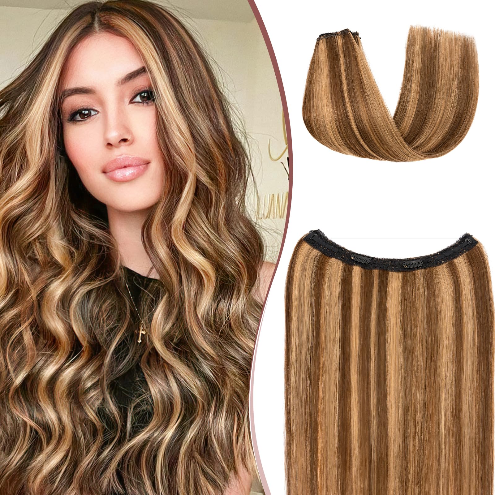 SEGOHAIR Halo Hair Extension Real Human Hair, 12 Inch 80g Straight One Piece Invisible Secret Wire Extensions Medium Brown mixed Dark Blonde Headband Remy Human Hair