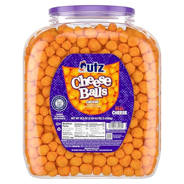 UTZ CHEESE BALLS BARREL, TASTY SNACK BAKED WITH REAL CHEDDAR CHEESE, DELIGHTFULLY POPPABLE PARTY SNACK, GLUTEN, CHOLESTEROL AND TRANS-FAT FREE, KOSHER CERTIFIED, 36.5 OZ