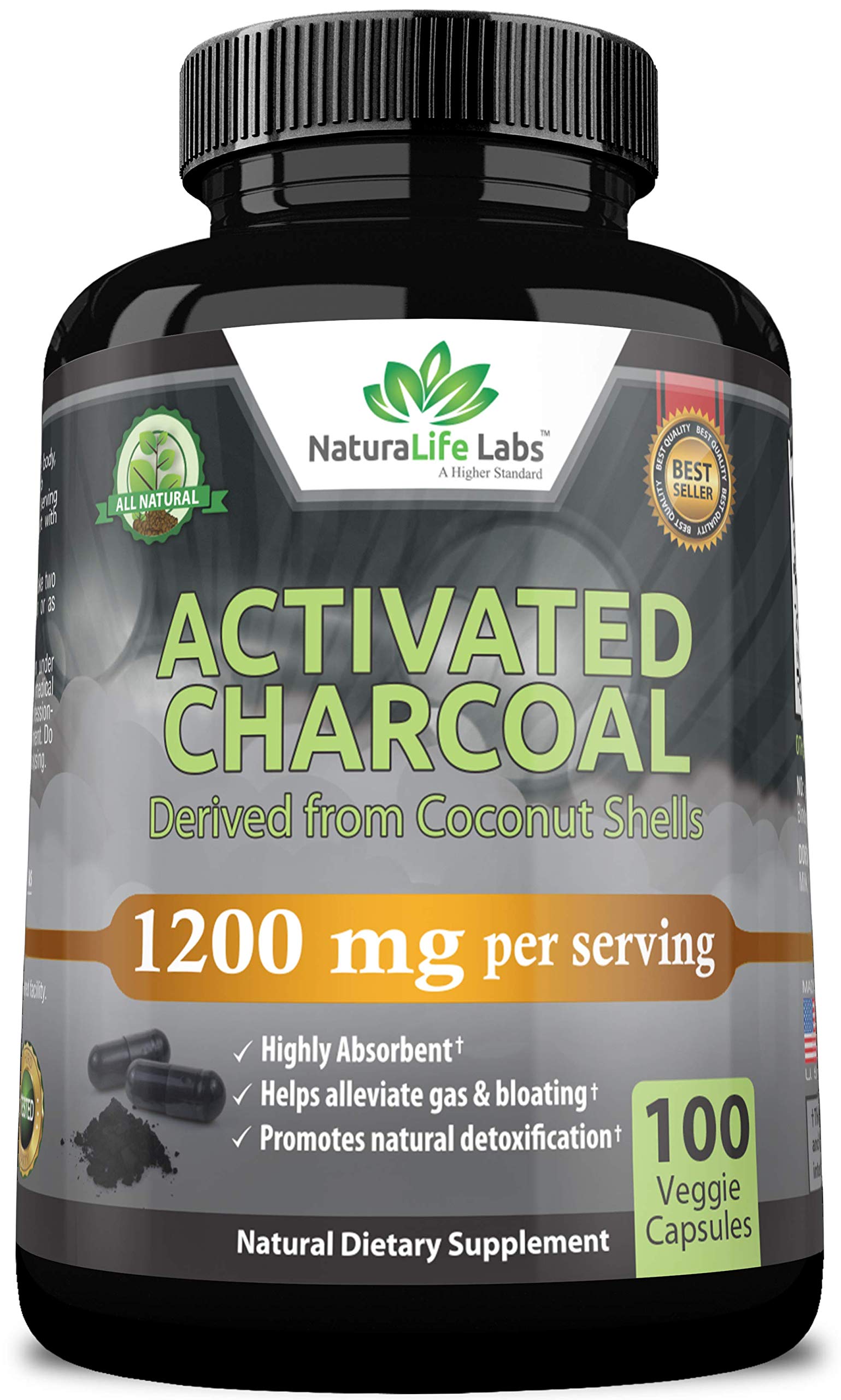 Organic Activated Charcoal Capsules 1,200 mg Highly Absorbent Helps
